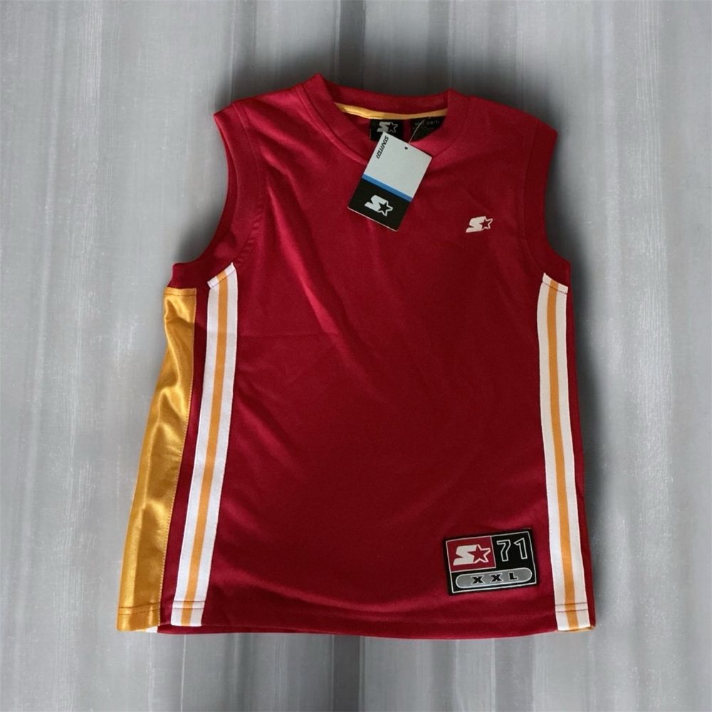 Buy one get one 50% 
Red Sleeveless Kids Jersey with Gold & White Stripes